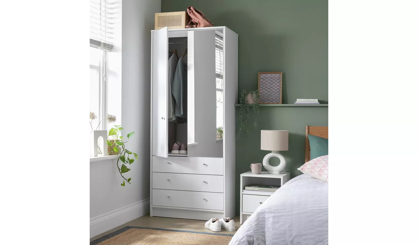 Malibu 2 Door 3 Drawer Mirror Wardrobe - White